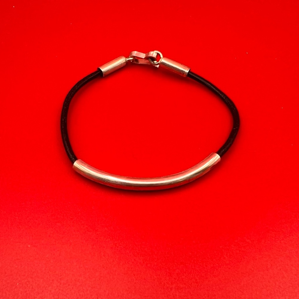 Sterling silver tube with black cord Bracelet